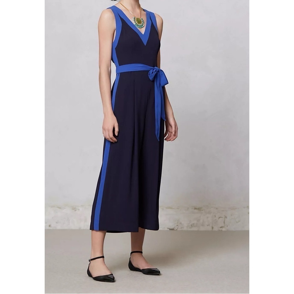 Anthropologie Elevenses Becas Jumpsuit Black Blue Colorblock Wide Leg Size 2